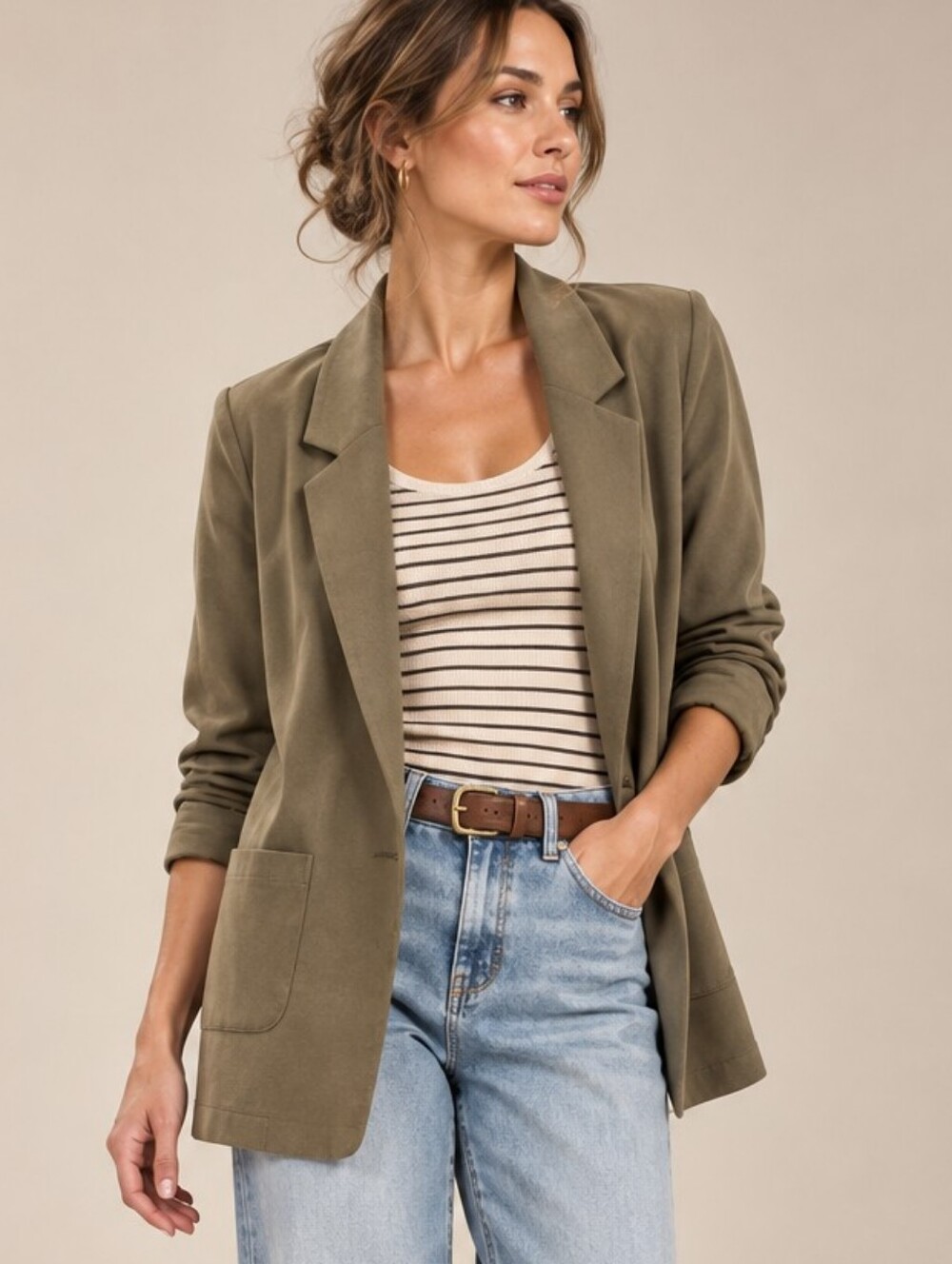 GARNET HILL Relaxed Knit Blazer In Capers Green Tunic Length Wool Blend Jacket